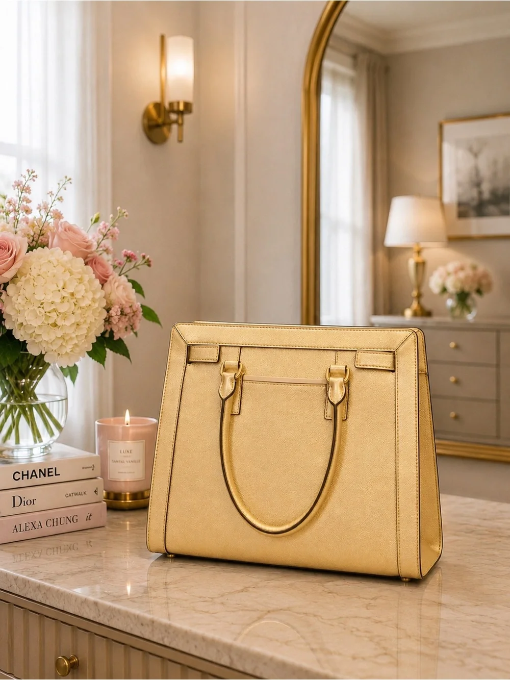 NWOT Michael Kors Dillon Large Top-Zip Satchel | Pale Gold Saffiano Leather